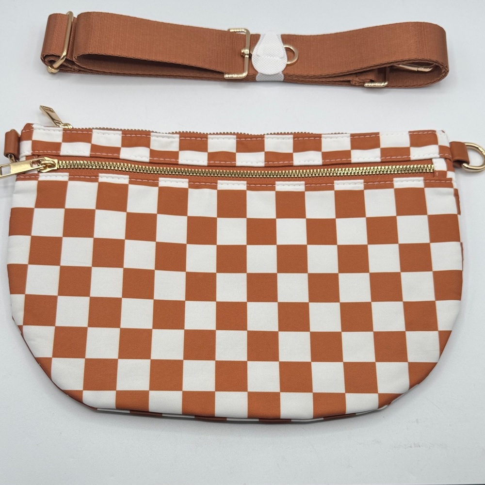 Checkered Crossbody Bum Bag in Tan Brown-Orange/White